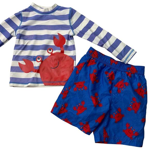 Little Me Boys 24M Crab Sailor Nautical Swim Set Rash Guard Trunks Blue White - Picture 1 of 9